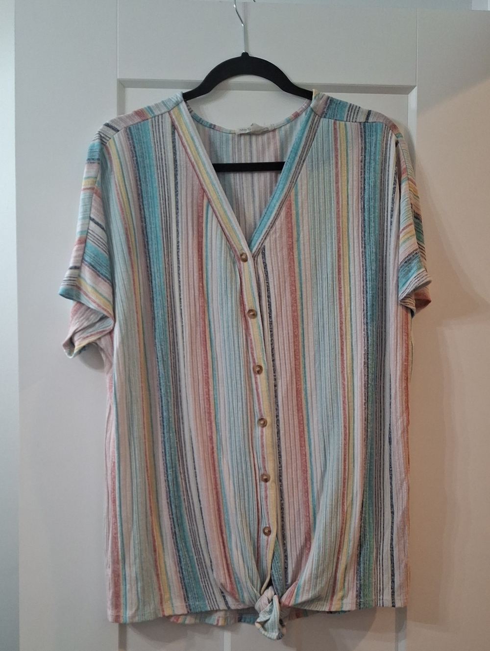 Women's Pastel Multi-Stripe Button Down Tie-Hem Shirt